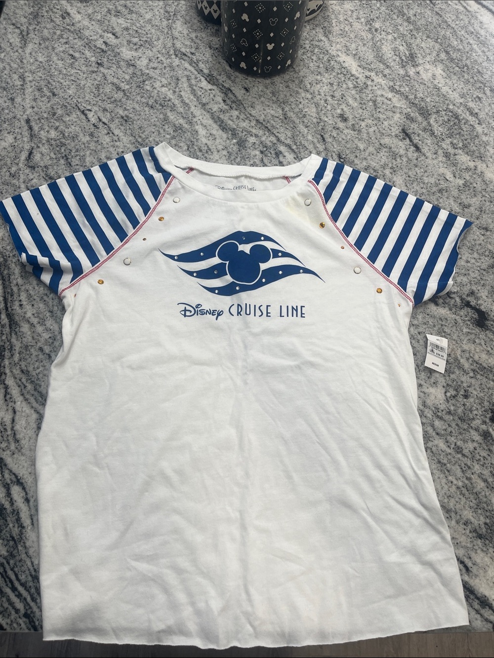 Disney Cruise Line White & Blue Striped Sleeve Tee